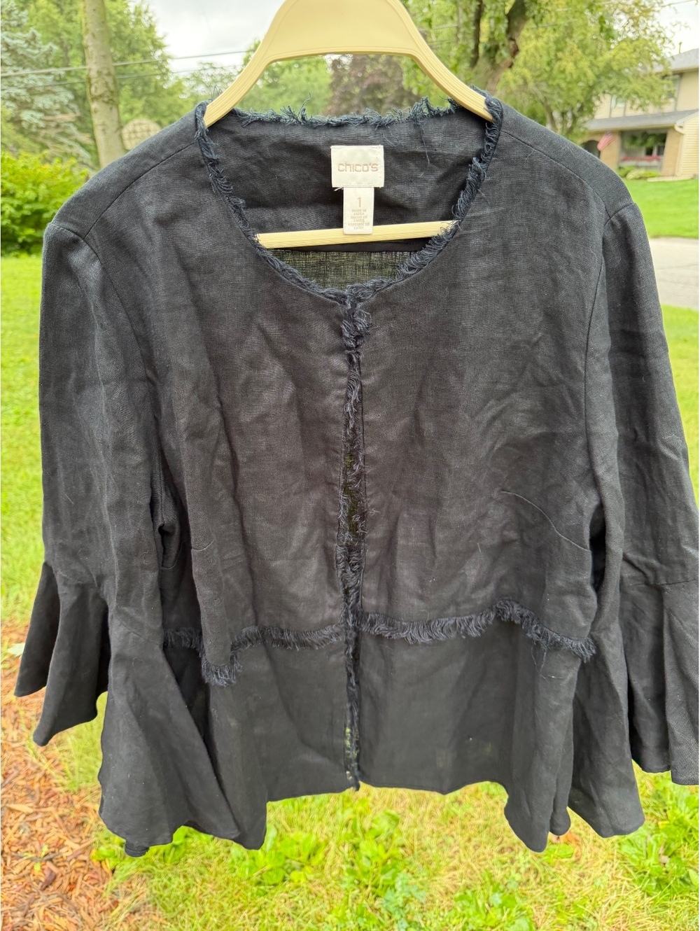 Womens Chicos 100% Linen Black Boho Indie Hippie Western Fringe Jacket Blazer